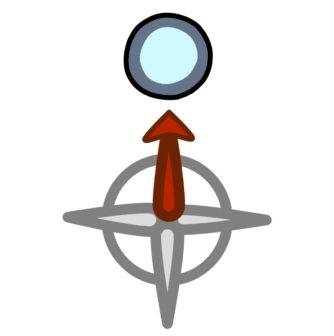 a grey compass rose with the north direction red with an arrow at the end. Above the north direction is an ice blue circle 